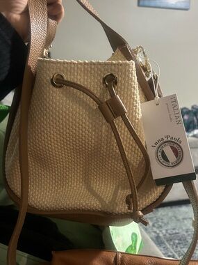 Anna Paola Cream & Tan Woven Drawstring Crossbody Bag